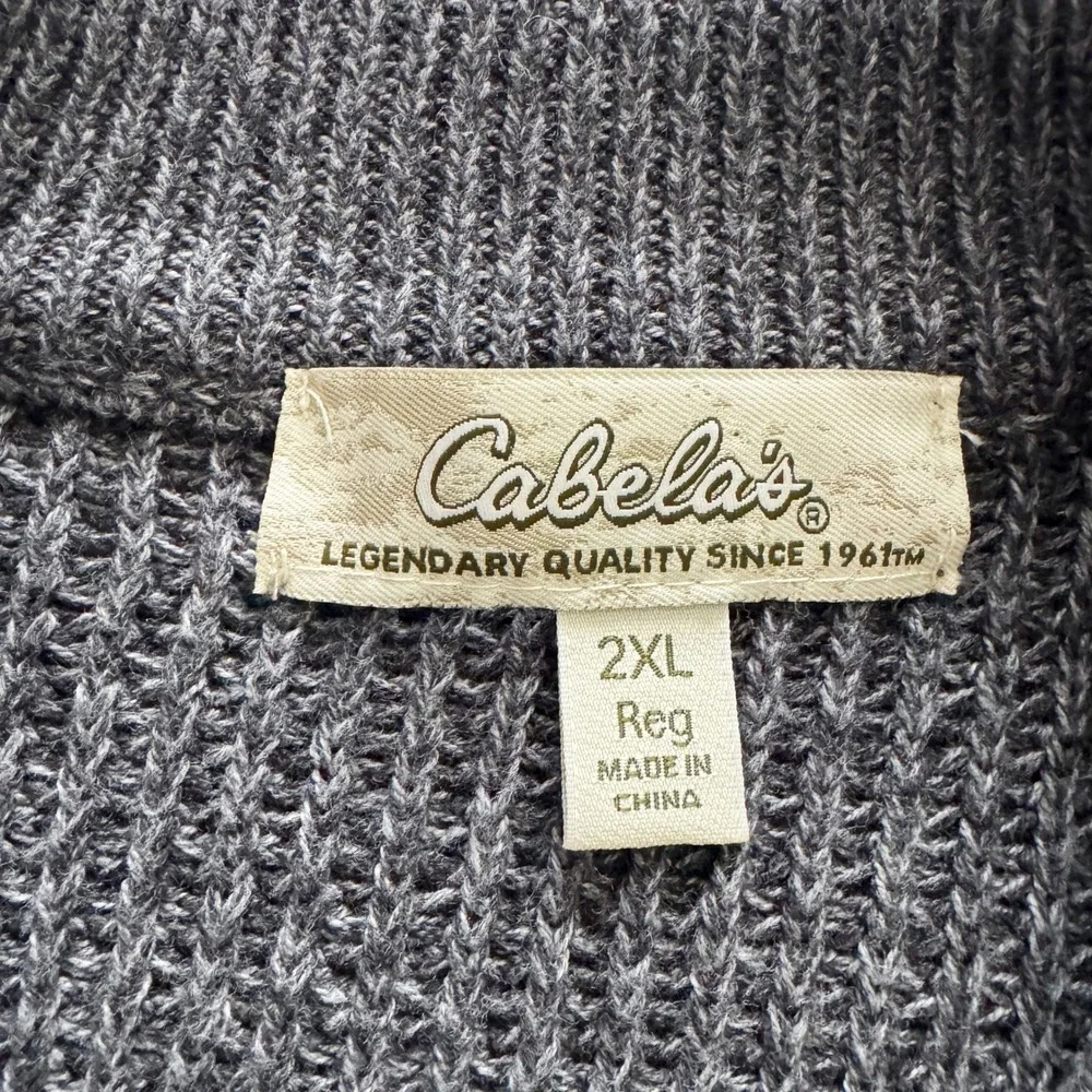Cabelas Mens 2XL Grey Cotton Chunky Knit Henley Sweater Pullover‎ fisherman